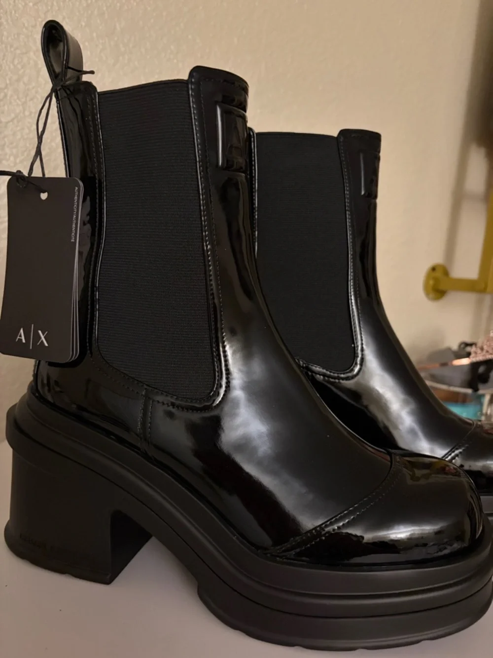 Armani Exchange Black Patent Chelsea Platform Heeled Boots - Picture 7 of 8